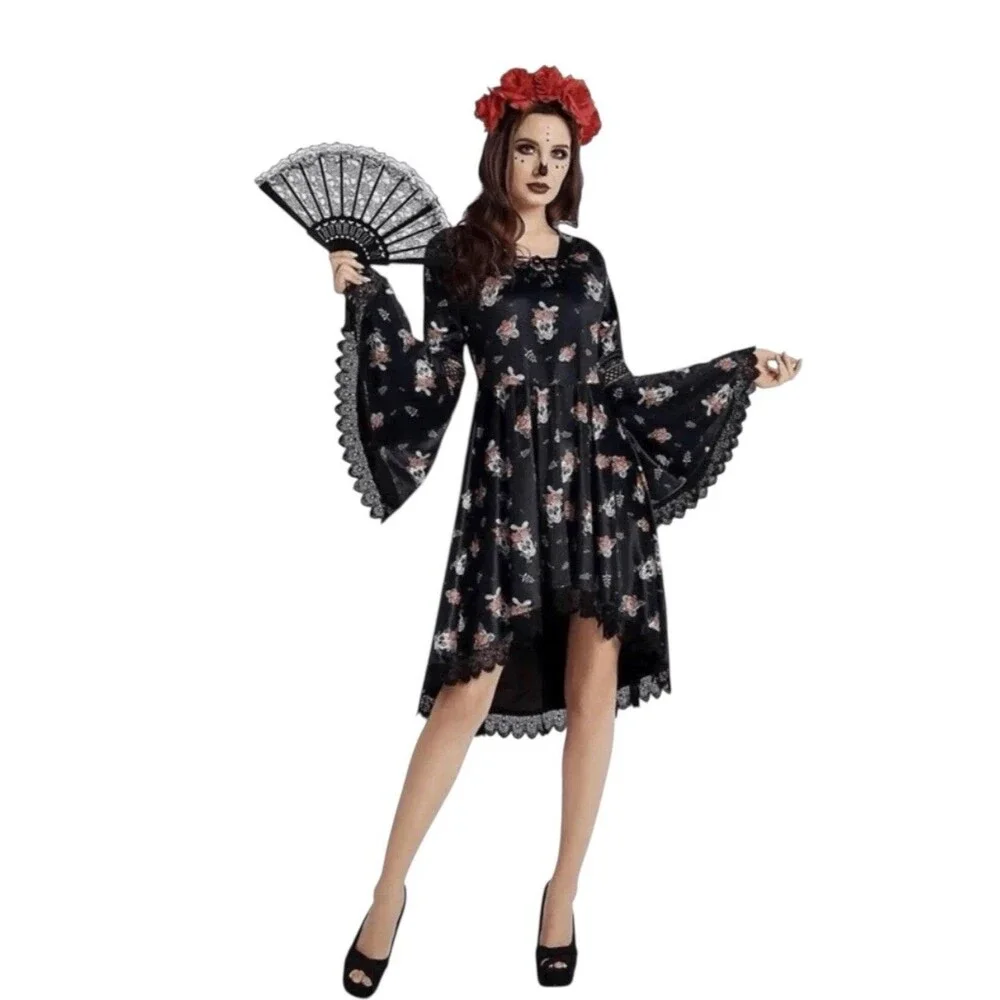Gothic Black Velvet Sugar Skull Floral Lace Trim Dress Costume Goth Grunge Small - Picture 8 of 13